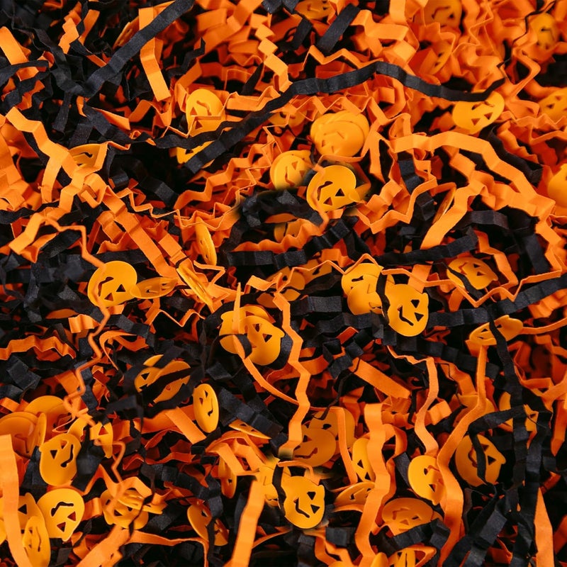 Gloreyan 1LB Halloween Crinkle Cut Paper Shred, Black Orange Raffia Paper Sherd Filler Grass with Pumpkin Confetti for Gift Wrapping Basket Filling Halloween Birthdays Weddings Party Supply - Image 1